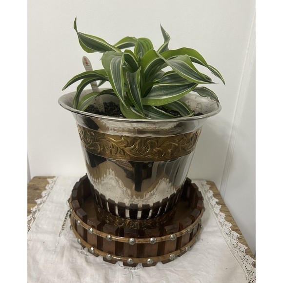 Vintage MCM Boho Rustic Studded Wooden Catch All Bowl Home Decor Plant Nut Tray - Picture 1 of 7